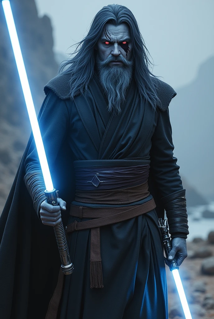 An chiss gray jedi who was a former sith lord and now he is searching the balance betwen light and dark side. He uses 2 white lightsabers. He has long dark blue hair, light blue skin, one red eye and other blind with a big cut that crosses his eye. And a full beard. 