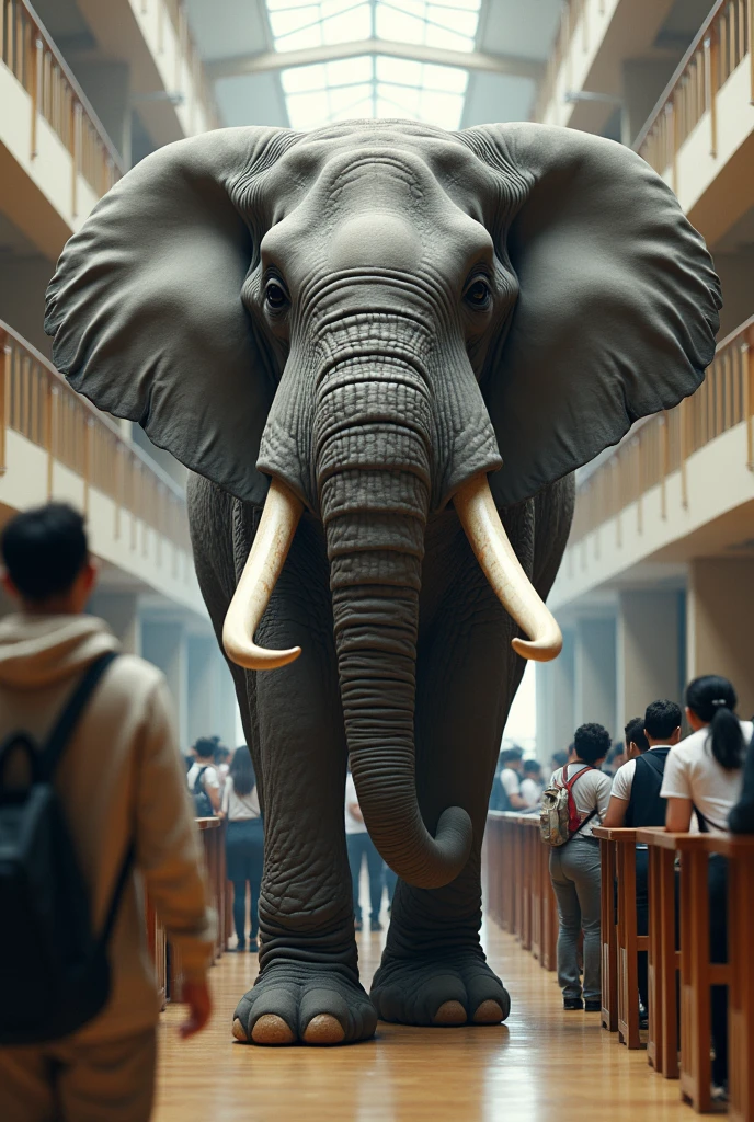 An elephant in the middle of a student hall
