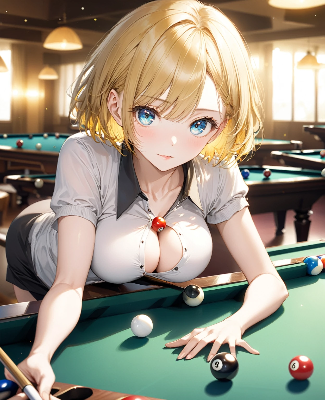 (Highest quality,8k,32K,masterpiece,Ultra-high resolution :1.2 ),born,One girl,Super cute,Natural light,Clear, shining eyes,20-year-old,Fair skin,Billiard table electronic world fantasy background,Golden Hair,short hair,Enjoys playing billiards,Large Breasts,