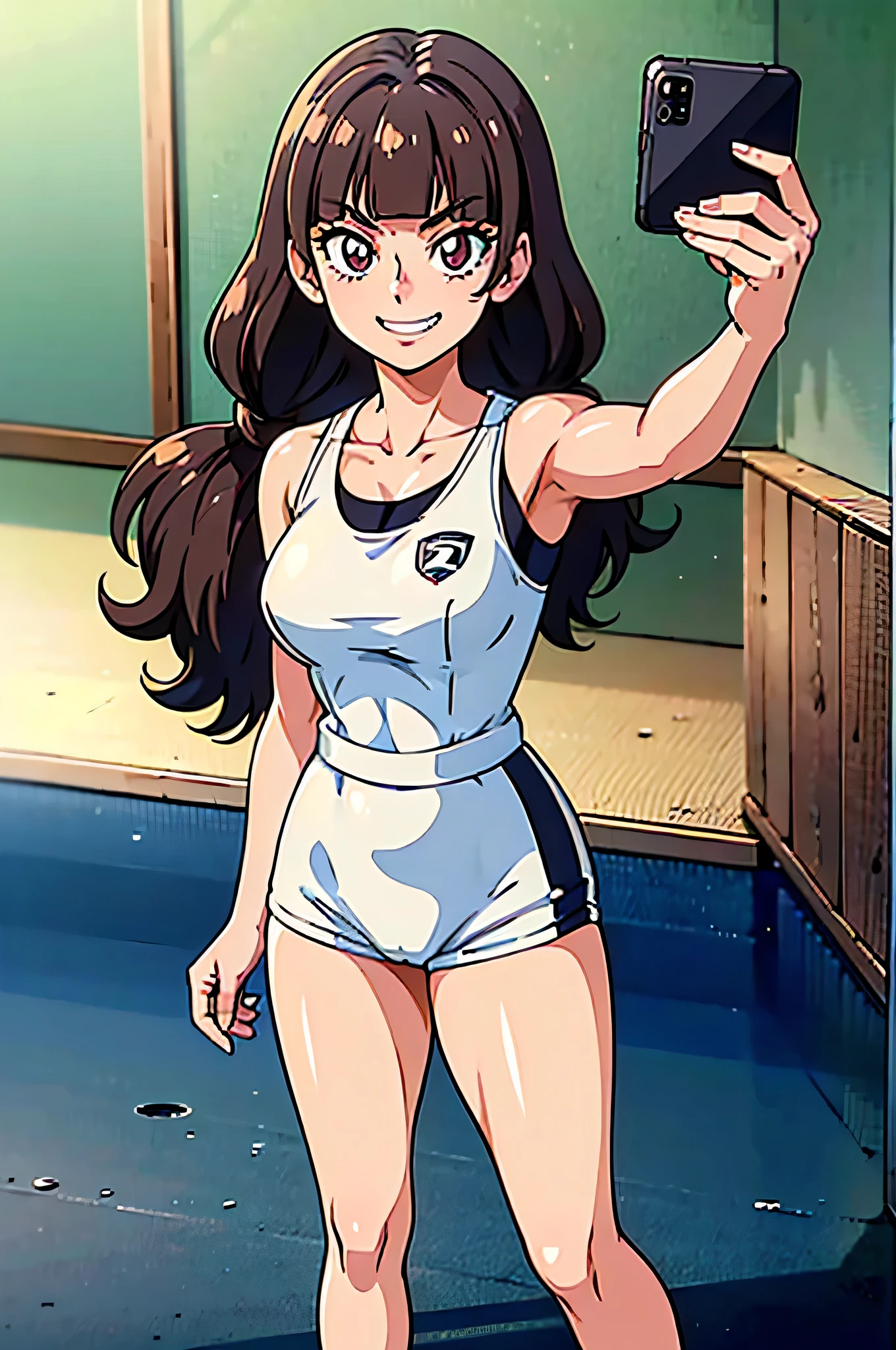 1 girl, (solo), ((amanogawaki)), best quality, highres, high quality, 8k, HD, super detail, anatomically correct, UHD, accurate, (masterpiece:1.0), (high quality:1.0), (ultra detailed), ((Adult:1.2)), Looking at viewer, (smug grin), wearing gym_outfit, inside gym, front view, taking a selfie