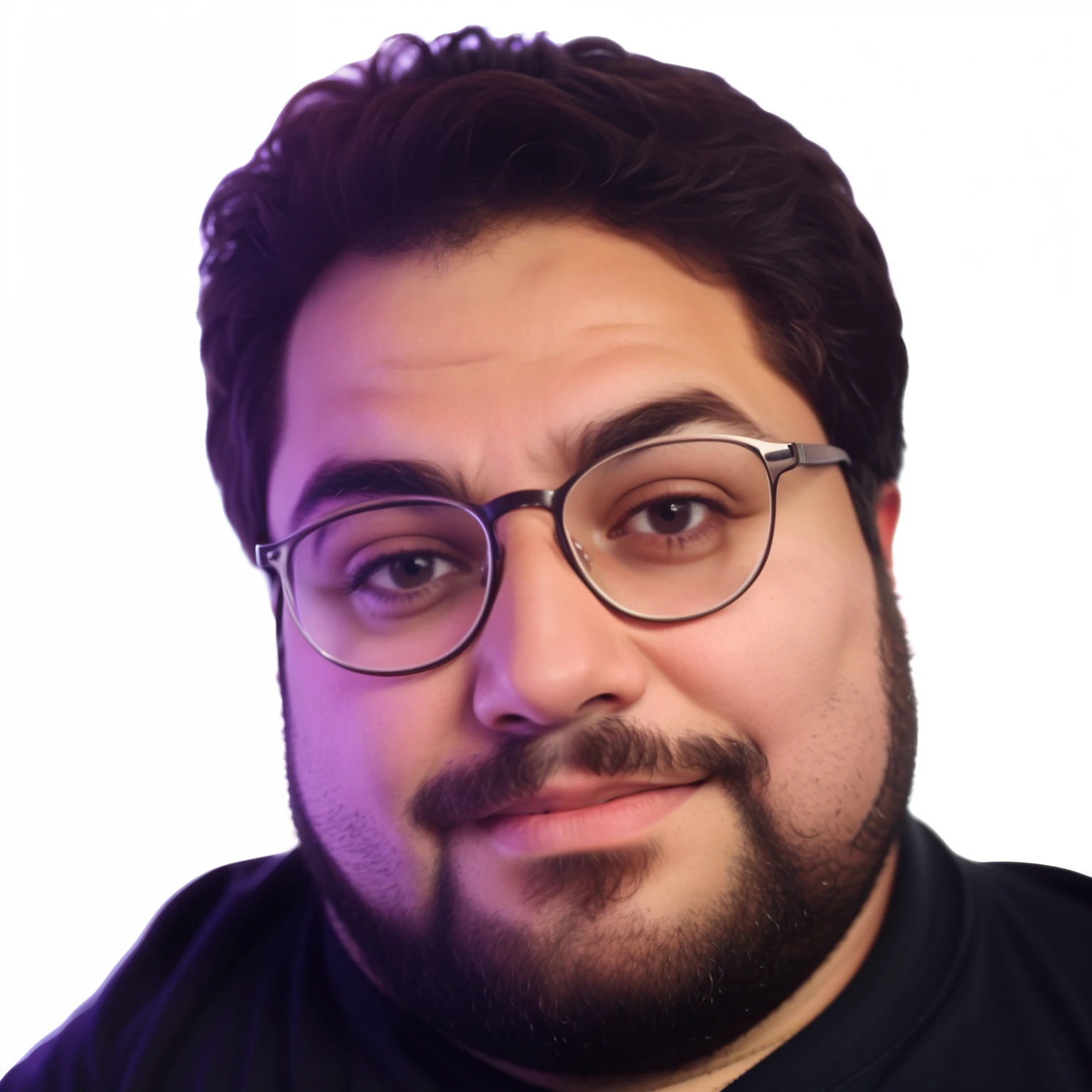 Close-up of a half-body of a fat and friendly young man with a beard and glasses, looking Latin,with intense and expressive eyes that transmit energy.