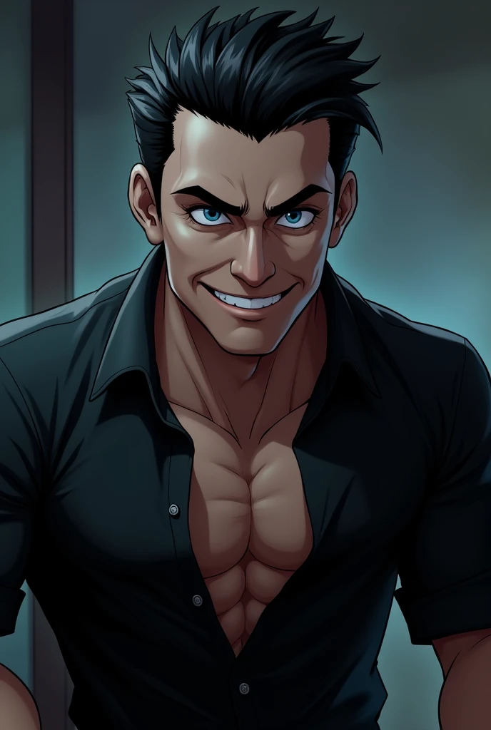  ice blue eyes, His short black hair, the broad body, the black shirt with two open buttons at the top and rolled up sleeves A striking face,. his grin revealed a certain self-confidence,. No beard and very very hot and dominant, mafia boss 