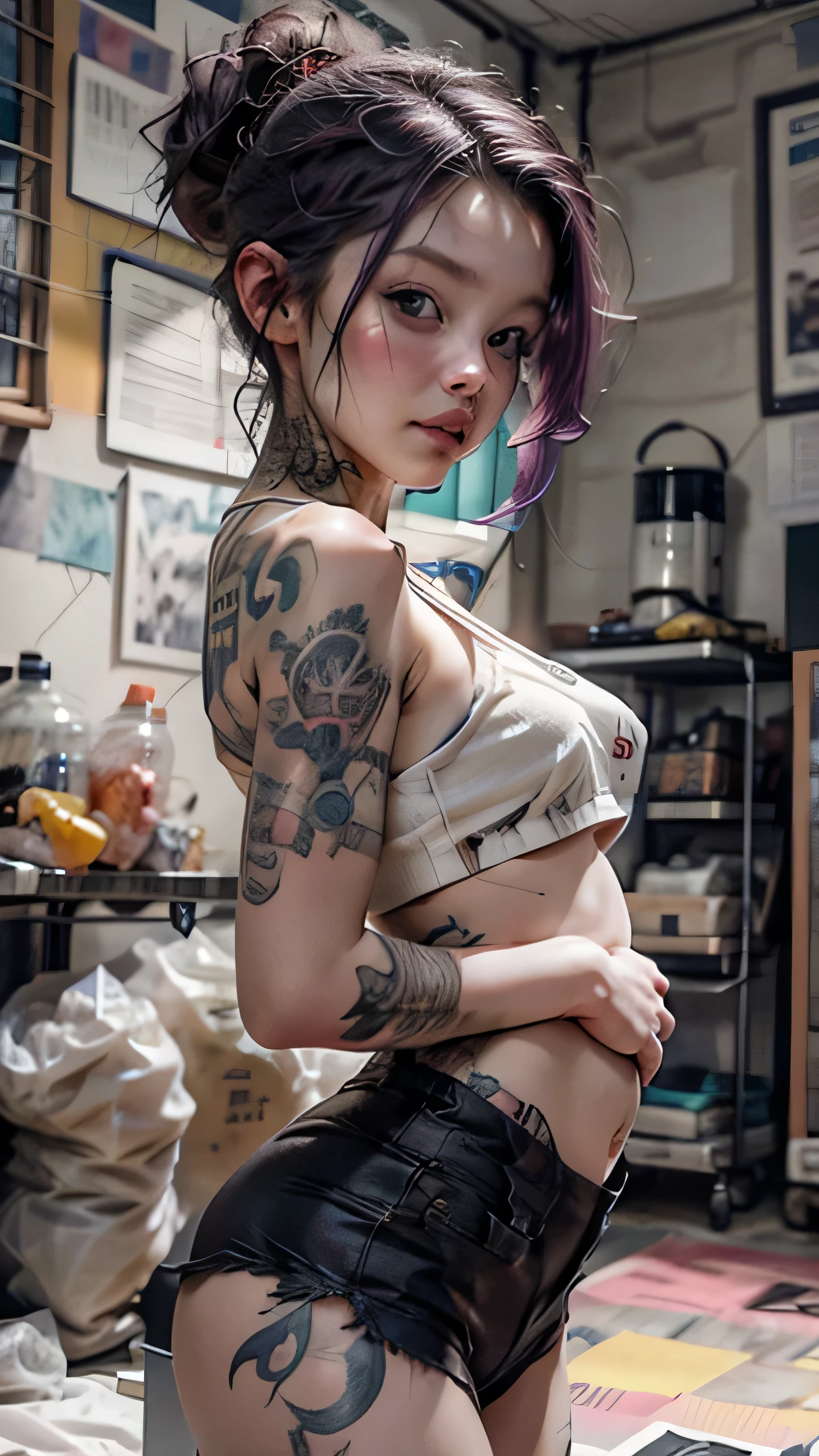 (1girl:1.2, body covered in words, words on body:1.1, tattoos of (words) on body:1.2), (masterpiece:1.4, best quality), medium breasts, unity 8k wallpaper, ultra detailed, (pastel colors:1.3), alluring pose, upper body, ass, beautiful and aesthetic, see-through (clothes), detailed, solo <lora:epi_noiseoffset2:1.3>