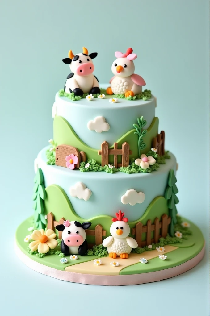 Make a 2-tier farm-themed cake for kids using pastel colors