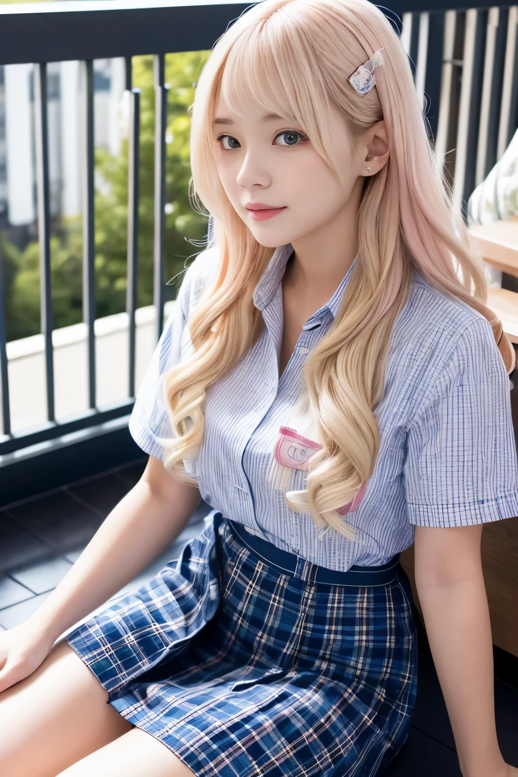 portrait、japanese school uniform、bright look、twin tails、young shiny glossy white shiny skin、best looks、blonde reflection、Platinum blonde hair with dazzling highlights、shiny bright hair,、super long straight hair、Shining beautiful bangs、Sparkling crystal clear charming big blue eyes、Very beautiful and adorable girl、rich bust、White and beautiful blouse、With slit、((I could see the whole body))、beautiful face、The chest area of the clothes looks tight、Loosening perm、Pleated skirt with plenty of checked pleats、No bra、