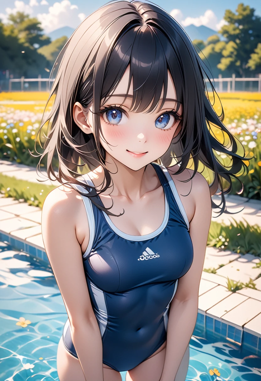 School swim wear、swim wears、A smile、Very cute、poneyTail、Brown hair、school swimming pool、I want to blush、Staring at this、tanline,backfocus