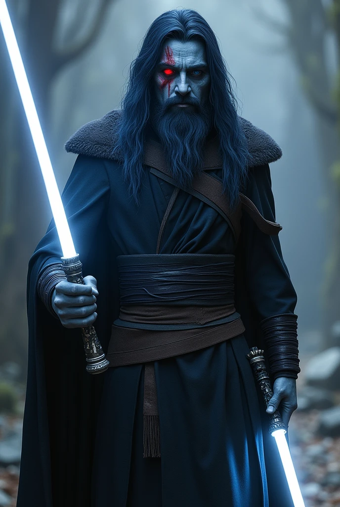 An chiss gray jedi who was a former sith lord and now he is searching the balance betwen light and dark side. He uses 2 white lightsabers. He has long dark blue hair, light blue skin, one red eye and other blind with a big cut that crosses his eye. And a full beard.