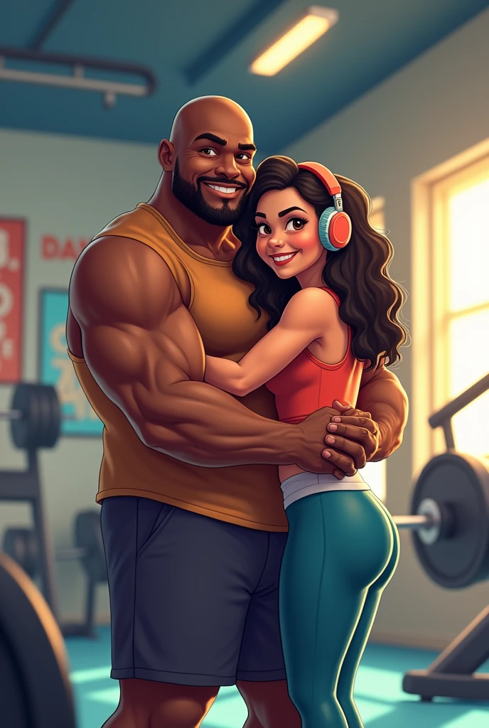 Chubby bald black man without a beard lifting weights in a gym with his **-****-*** daughter with wavy hair and brown skin and wearing cartoon style headphones
