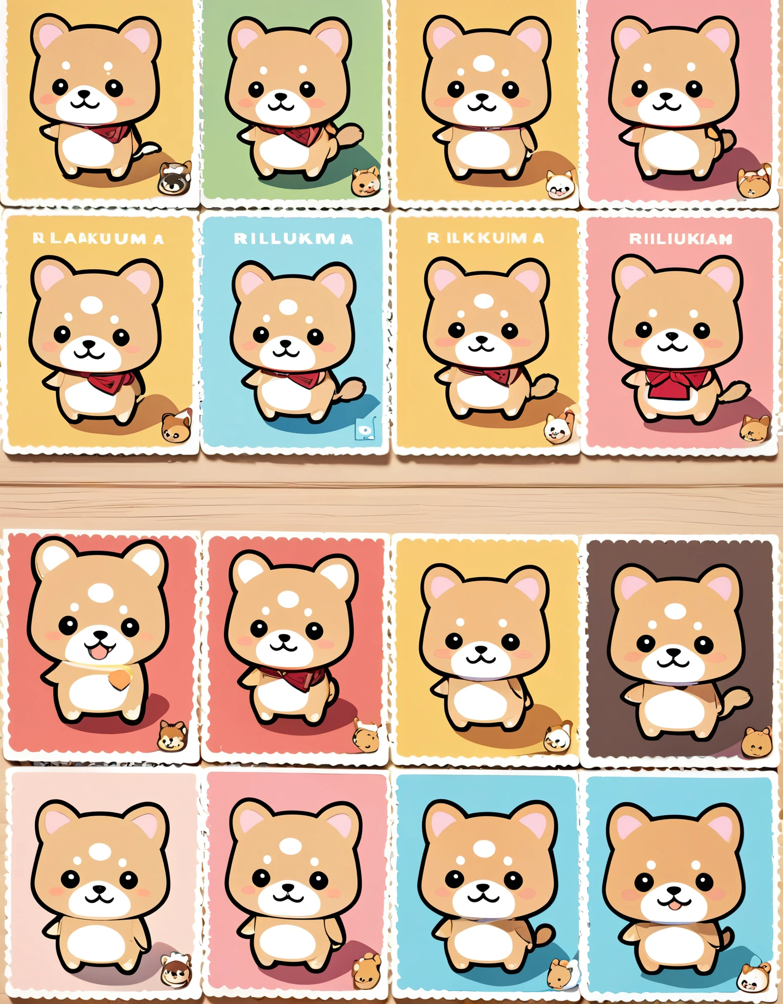 (masterpiece:1.2, Highest quality,Highest quality,Very detailedな:1.2),(Very detailed),8k,(Small Shiba Inu character postcards arranged in a square,Deformation,Very simple design,Rilakkuma style)