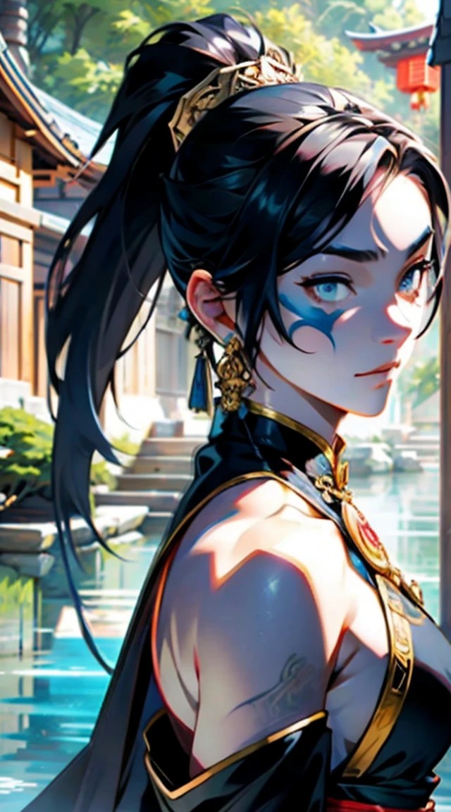 perfect face, face cold, random expressions,random action, ancient japanese architecture,pond, a close up of a woman in a dress holding a sword, by Yang J, Anime fantasy illustration, 2. 5 D CGI anime fantasy artwork, Chinese fantasy, xianxia fantasy, author:Fan Qi, Inspired by Lan Ying, trending digital fantasy art, Beautiful character painting, Fantasy art style, a beautiful fantasy empress, inspired by Wu Bin, Inspired by Ai Xuan,Two dimensions,anime style,one person(male warrior),proportions are correct,facial details,swordsman,high ponytail hairstyle,neck detail,Have an Adam's apple,Black and gold rob,Black and gold robe,clothing details,Hand over,long sleeves,Game quality,fencing,Ray tracing,Ray tracing,Detailed glow,CG rendering,hair details,Long black and blond hair,Black-gold eyes,Handsome,Handsome,(Youthful feeling),Costumes are complicated,Perfect composition,refine,high quality,higher detailany details,Complex background,a sense of atmosphere,