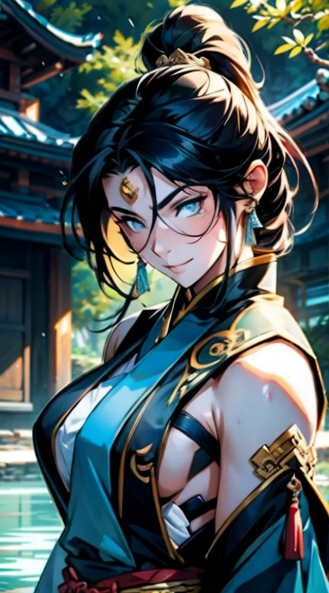 perfect face, face cold, random expressions,random action, ancient japanese architecture,pond, a close up of a woman in a dress holding a sword, by Yang J, Anime fantasy illustration, 2. 5 D CGI anime fantasy artwork, Chinese fantasy, xianxia fantasy, author:Fan Qi, Inspired by Lan Ying, trending digital fantasy art, Beautiful character painting, Fantasy art style, a beautiful fantasy empress, inspired by Wu Bin, Inspired by Ai Xuan,Two dimensions,anime style,one person(male warrior),proportions are correct,facial details,swordsman,high ponytail hairstyle,neck detail,Have an Adam's apple,Black and gold rob,Black and gold robe,clothing details,Hand over,long sleeves,Game quality,fencing,Ray tracing,Ray tracing,Detailed glow,CG rendering,hair details,Long black and blond hair,Black-gold eyes,Handsome,Handsome,(Youthful feeling),Costumes are complicated,Perfect composition,refine,high quality,higher detailany details,Complex background,a sense of atmosphere,