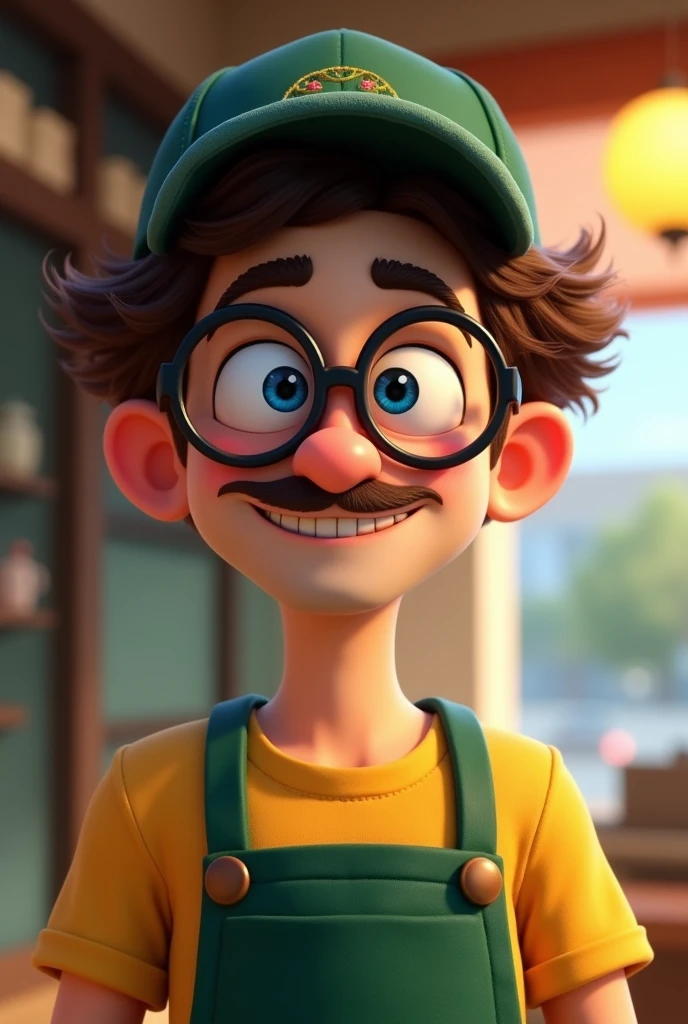 beautiful man wearing baseball cap, curly brown hair with white streaks on the back of his head, bisexual, barista, green apron, glasses, curled mustache, caucasian, blue eyes, animated