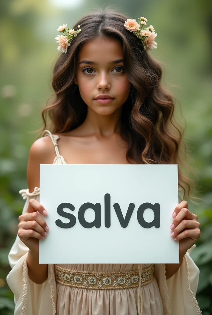 Beautiful girl with wavy long hair, bohemian dress, holding a white board with text "salva" and showing it to the viewer