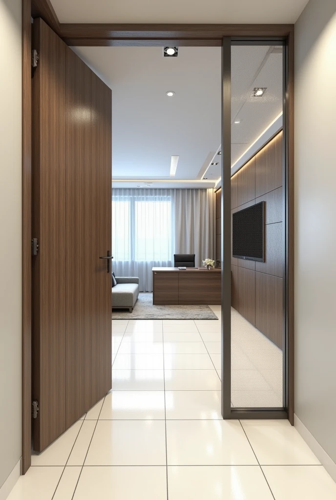 Design of an office 6 meters long and 3 meters wide. Have an executive desk and a small living room. The floor is white tile. The bottom is a bathroom that is covered with wooden panels or planes.. Next is the executive desk overlooking the small living room with furniture.. The glass door is neither on the bottom nor on the sides, It is right in the image view, that is, frontally.