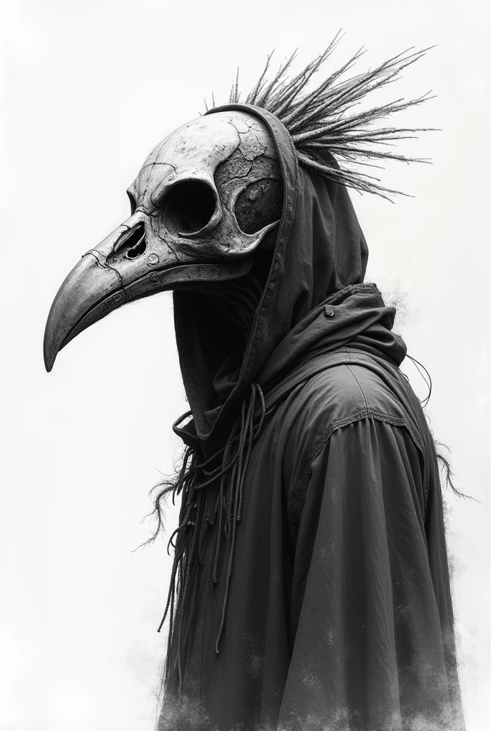 [Core Concept] A haunting and realistic depiction of a person wearing a bird skull headdress, presented in a striking side view.

[Character Description] The figure is shrouded in a hooded cloak, concealing their identity, with a chilling bird skull perched atop their head, its empty eye sockets and sharp beak creating an unsettling, otherworldly presence.

[Environment/Background] The scene is set against a stark, ominous background, devoid of distractions, allowing the haunting figure to take center stage.

[Style and Atmosphere] The artwork is rendered in a high-contrast black and white palette, lending a moody, eerie atmosphere and a sense of foreboding.

[Composition] The side profile view emphasizes the angular, skeletal features of the headdress, creating a powerful, dramatic composition.

[Details and Embellishments] The intricate textures and shadows of the bird skull, the folds of the hooded cloak, and the chiaroscuro lighting all contribute to the overall sense of realism and haunting beauty.

[Technical Specifications] This is a detailed, black and white drawing or digital illustration, capturing the enigmatic and unsettling essence of the subject matter.