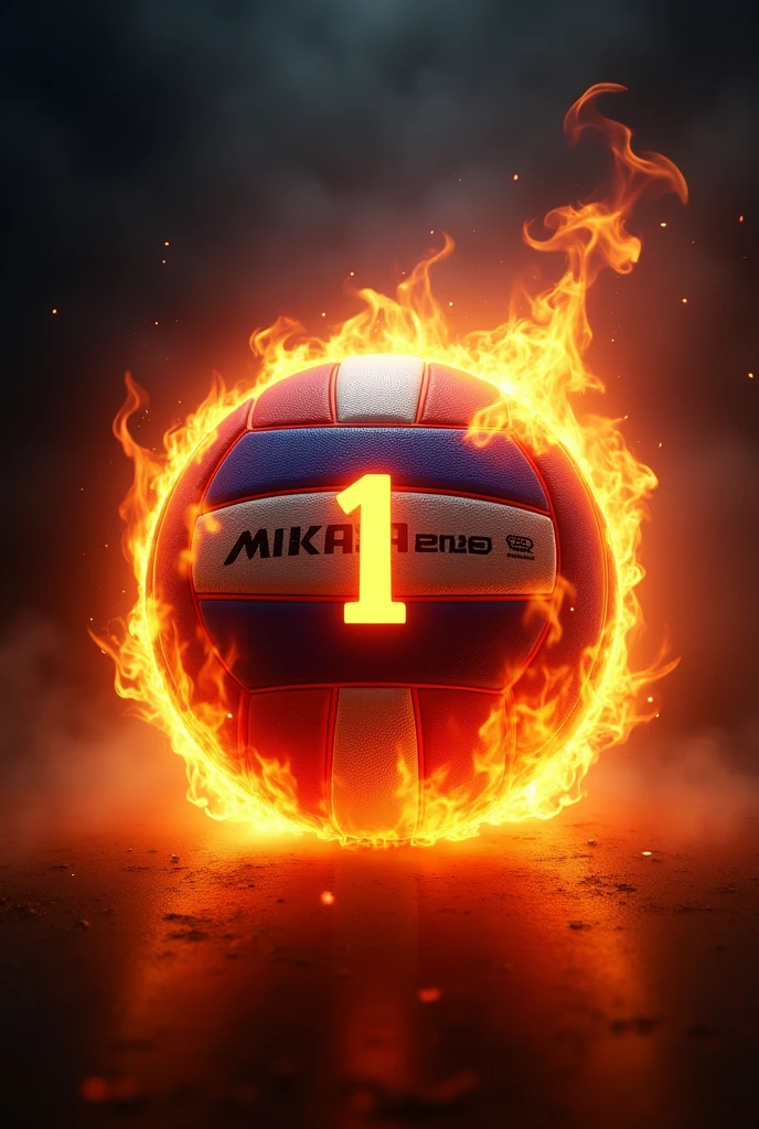 Image of a Mikasa volleyball on fire with the number 1