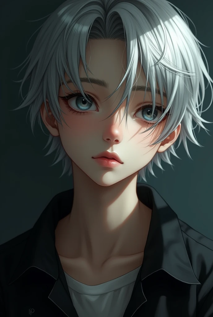 Silver-haired young man。Slanting eyes with white of the eye。Light from below。Front-facing up。Symmetrical。