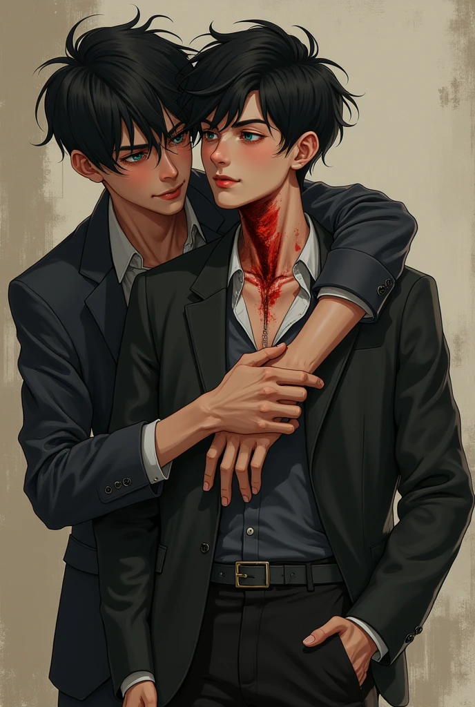 A boy carrying another, both wearing mobster clothes, in manwha style and one of the two has a wound in the neck and is dead