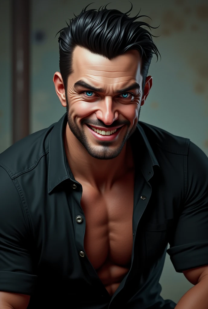  ice blue eyes, His short black hair, the broad body, the black shirt with two open buttons at the top and rolled up sleeves A striking face,. his grin revealed a certain self-confidence,. No beard and very very hot and dominant, mafia boss 
