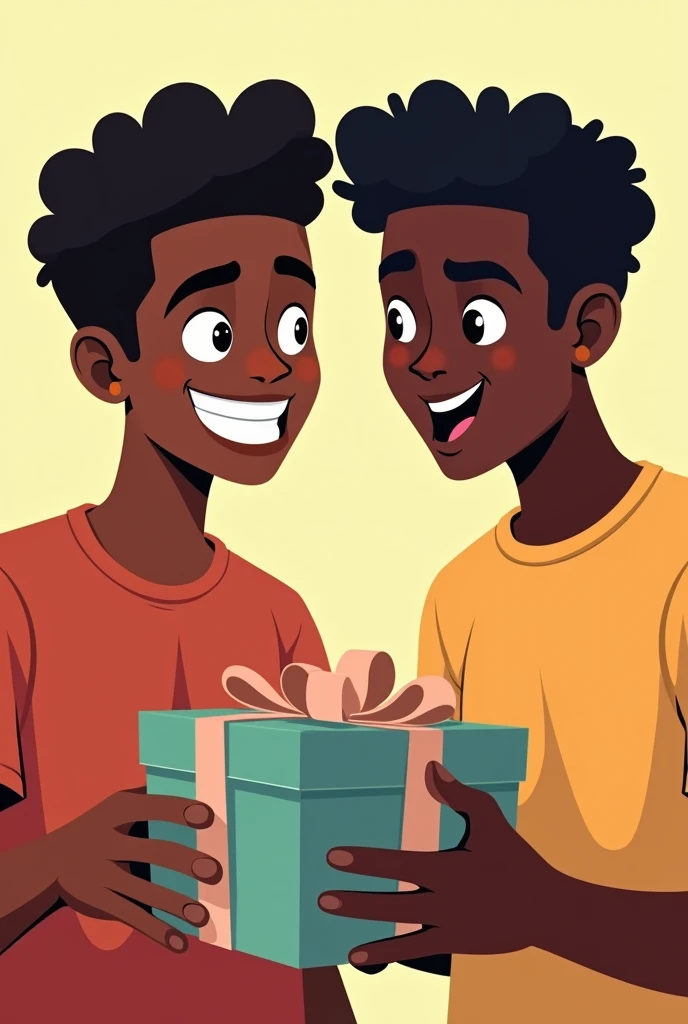 Two black teenage men looking forward impressed with gifts ( animated cartoon)