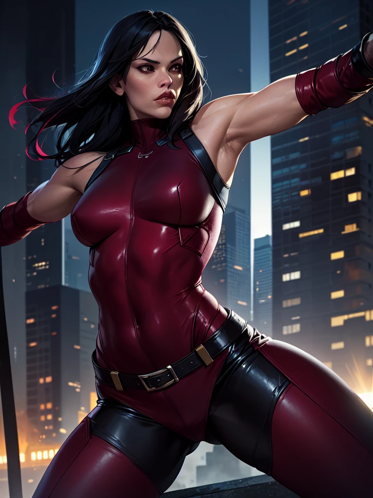 j3nn1f3rg-v1, Elektra Marvel, Burgundy ninja leather uniform,super strong,photography,ultra details, vivid colors,light and shadows effects,,dynamic action poses, dramatic atmosphere,sharp focus, city background, sai, Sleeveless, .Burgundy sleeveless uniform, Armbands