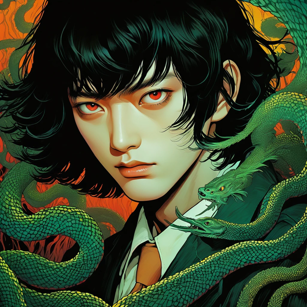 black hair male, An illustration、art、70s indonesia horror movie posters, Supervised by Junji Ito、High detail, Realistic Shadows、Analog Style, chromatic aberration, Surrealism、Complementary Gradient, nightmare