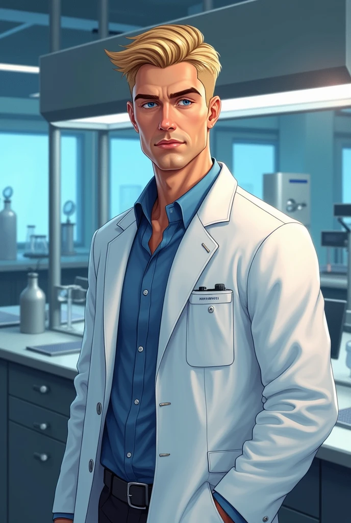 Handsome blond man in white lab coat in scientist style.He is also tall and strong
