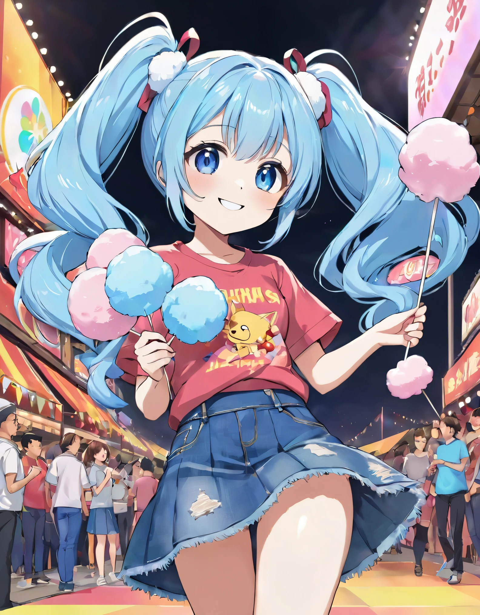 Light blue long hair、Beautiful girl with twin tails、Holding a large cotton candy、Bright smile、Festivals、T-Shirts、Denim skirt、Best anime 4k splash art anime loli,, 4k anime wallpaper, cotton candy, Anime Style 4k, 