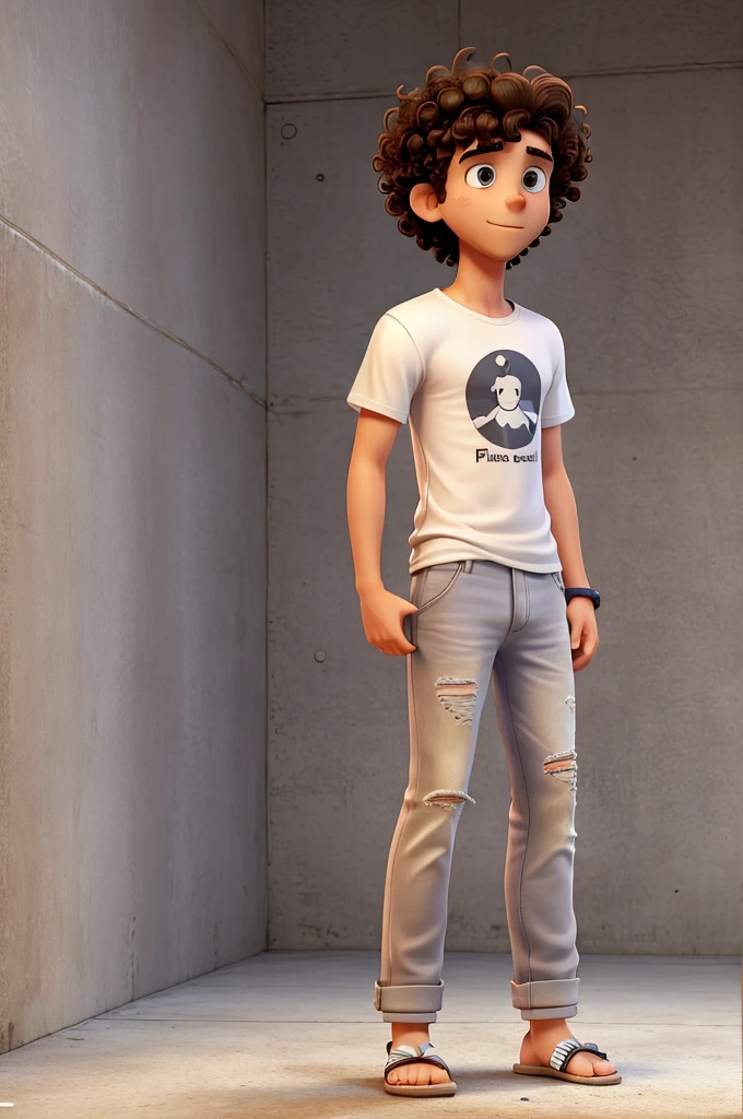 Full-body image, Young man, 25 years old, messy curly hair, Shaggy, wear a white t-shirt, Loose pants, White flip-flops, He is holding his cell phone in his right hand