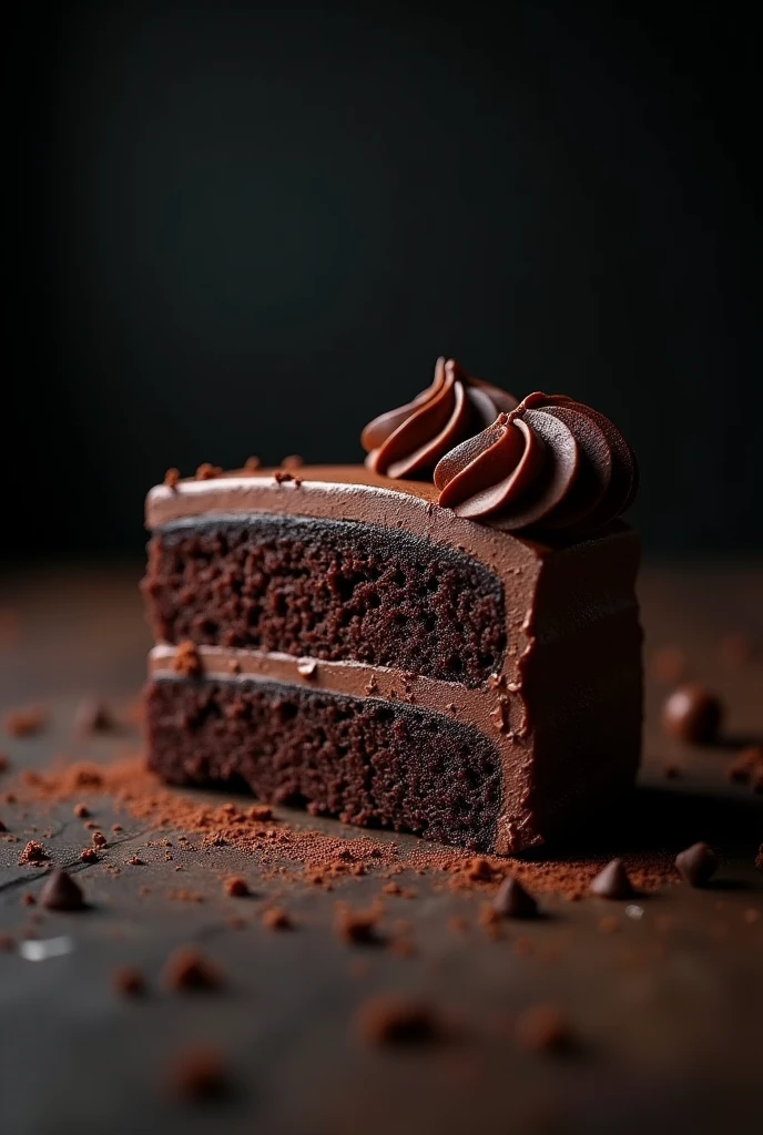 cinematic film still chocolate, chocolate cake, dark background, quality photo, moist texture, frosting, studio photo, slice . shallow depth of field, vignette, highly detailed, high budget, bokeh, cinemascope, moody, epic, gorgeous, film grain, grainy