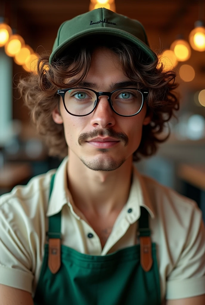 beautiful man wearing baseball cap, curly brown hair with white streaks on the back of his head, bisexual, barista, green apron, glasses, curled mustache, caucasian, blue eyes,