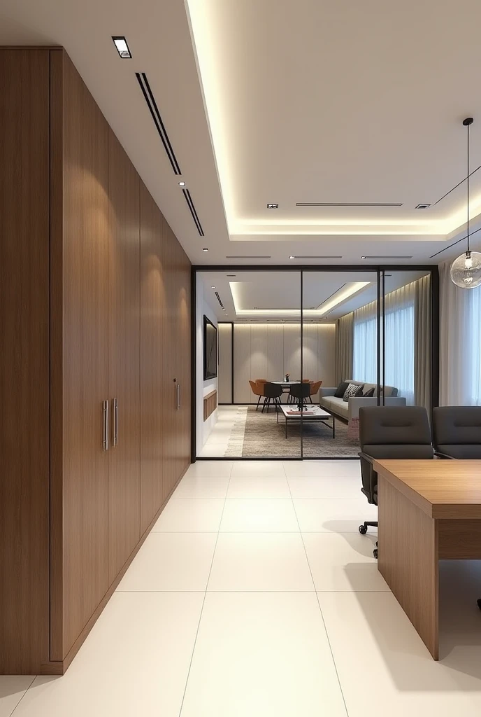 Design of an office 6 meters long and 3 meters wide. Have an executive desk and a small living room. The floor is white tile. The bottom is a bathroom that is covered with wooden panels or planes.. Next is the executive desk overlooking the small living room with furniture.. 