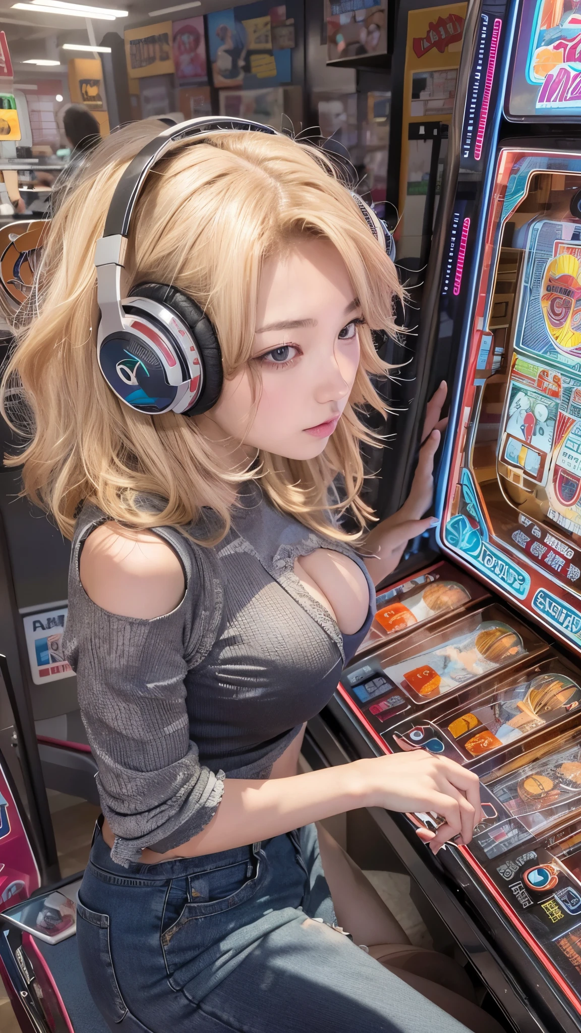 A super beautiful woman playing at a pachinko machine, cigarette, smoke, headphones, blonde hair, tattered running shirt, nipples visible through the droopy collar,Best quality, ultra-realistic and highly detailed colors, lots of parts and details, unbelievably huge saggy breasts, tight waists, super beautiful women, one shot per screen