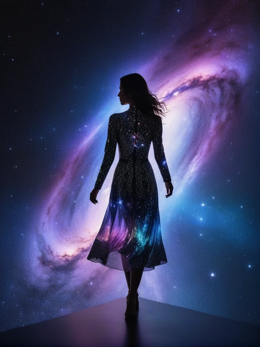 "Cosmic Essence Incarnate: Creating an image that depicts the universe as a human being. Imagine a person whose essence is intertwined with the universe, radiate cosmic energy and wonder. Highlight elements like swirling galaxies, performer, And the nebula in its shape. Use a Celestial color palette that blends deep space hues with ethereal glows. The image must evoke a sense of transcendence and infinite possibilities., Get a glimpse of the mysteries of the universe embodied in human form. 8K UHD, Complex cosmic details, Celestial color palette, And the atmosphere of the wonders of the universe.light pink"