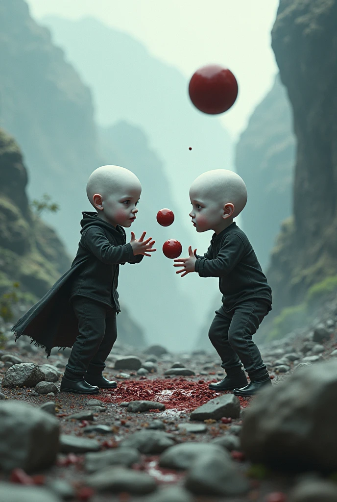 Two vampire children, bald, with white skin tone, playing with throwing blood balls at each other They are on a mountainous surface with floating rocks behind