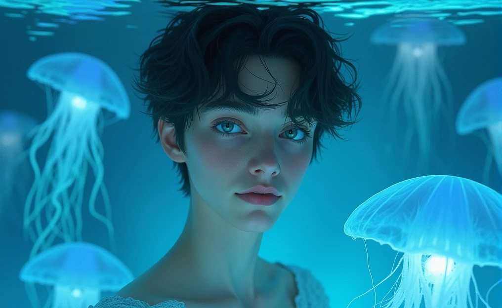 The image shows a young semi realistic man with a delicate face with blue-green eyes and dark hair, in an ethereal and aquatic environment. Around it float translucent blue jellyfish, whose tentacles create an effect of fantasy and serenity. The soft lighting and bluish reflections of the water add a magical touch to the atmosphere.