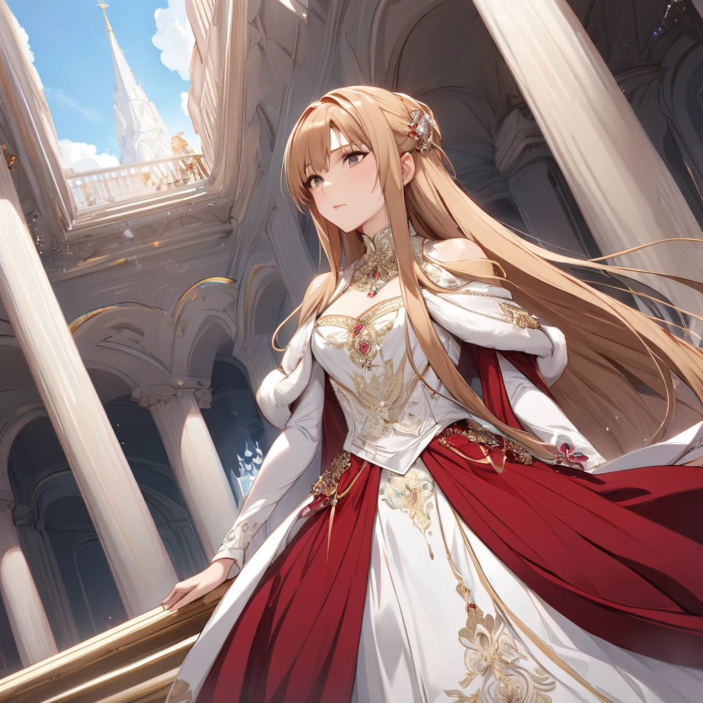 ((Highest quality)), ((masterpiece)), (detailed), (Perfect Face)、The woman is Yuuki Asuna, a Russian, elegant and beautiful Russian noblewoman with light brown, medium-long hair.、The woman is wearing a Russian national dress.、The woman is beautifully dressed in the luxurious and glittering Russian court dress of an ancient Russian empress and adorned with lavish accessories.