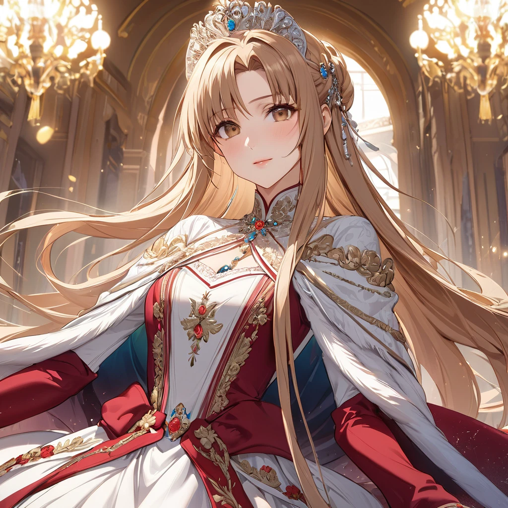 ((Highest quality)), ((masterpiece)), (detailed), (Perfect Face)、The woman is Yuuki Asuna, a Russian with light brown, medium-long hair, an elegant, graceful and beautiful Russian noblewoman, and the Empress of the Great Russian Empire.、The woman is beautifully dressed in a gorgeous, glittering gold-colored Russian coronation dress of an ancient Russian empress, with gorgeous accessories, and a beautiful, gorgeous kokoshnik.