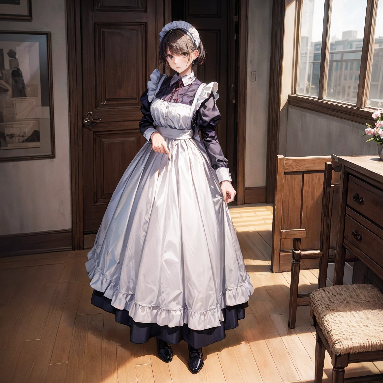 A woman is wearing a maid's uniform and standing backwards on the floor, alone, ((Stick your ass out here)), (shiny dark pink satin panties:1.3), Lift up your skirt with both hands