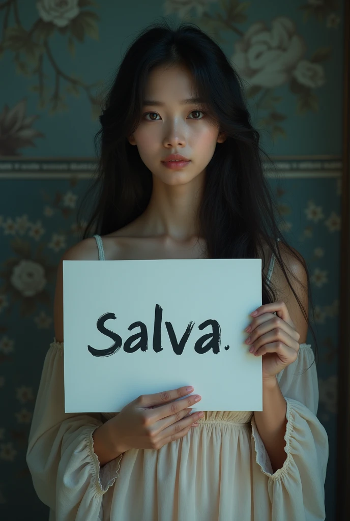 Beautiful girl teenagers with wavy long, night dress, asían, holding a white board with text "salva" and showing it to the viewer