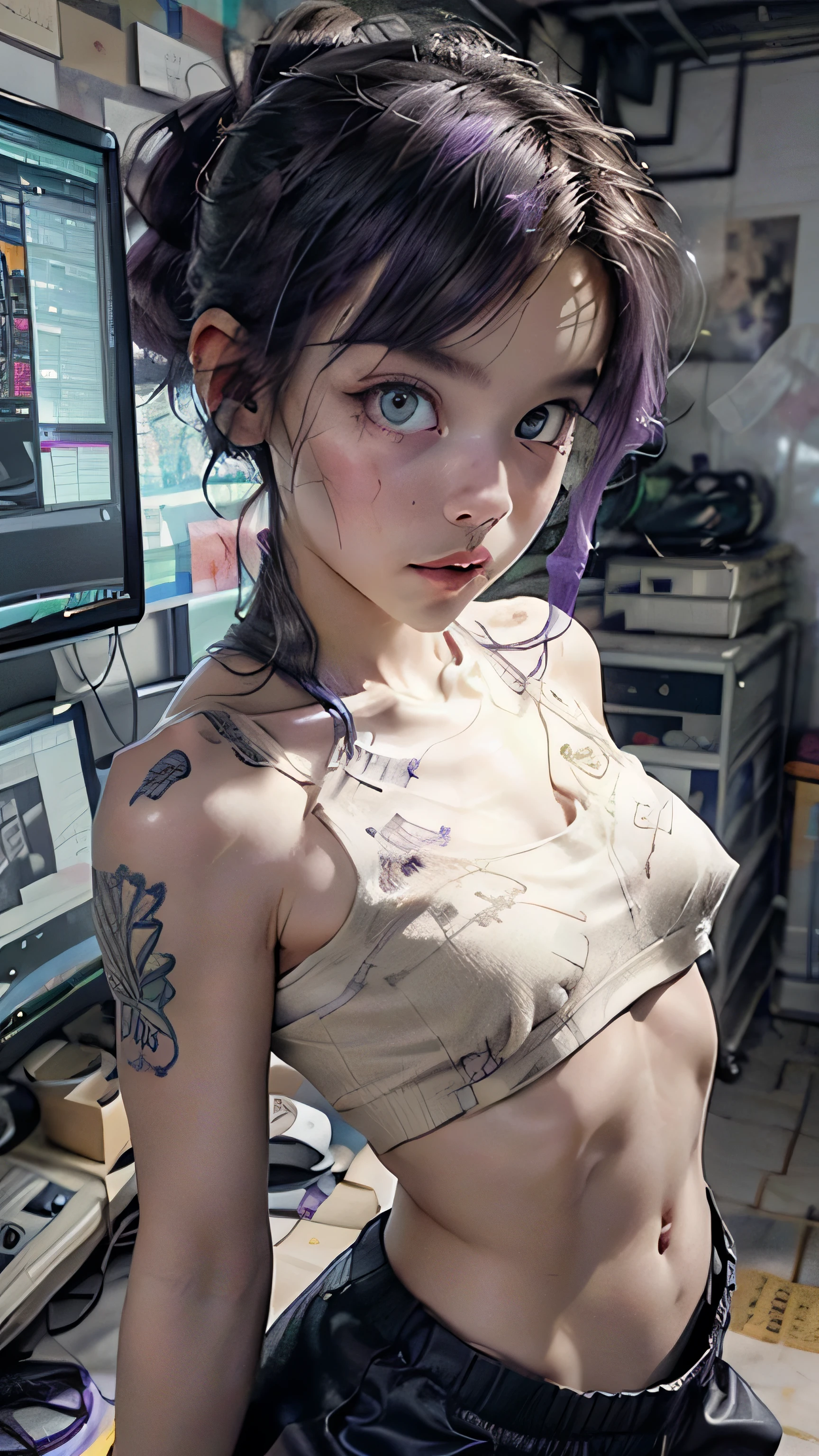 A hot cute young woman looking back in with a sexy look, standing in front of a wall of computers, intricate designs, Smokey room, covered in tattoos
(nsfw:0.55), ((purple eyes, flat chested, toned abs, baby face)), (intense colors), undercut purple hair with ponytail, cyberpunk background