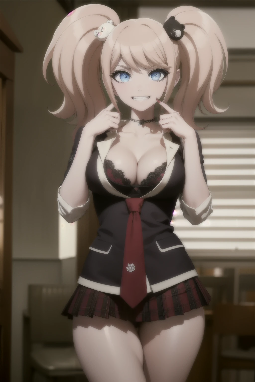 junkoenoshima, junko enoshima, bear hair ornament, blue eyes, long hair, pink hair, twintails, evil smile, grin, open mouth, huge  breasts  ,
BREAK bow, bra, choker, cleavage, fingernails, lace trim, lace-trimmed bra, long fingernails, loose necktie, nail polish, necktie, plaid, plaid skirt, pleated skirt, skirt, underwear,
BREAK bedroom ,
BREAK looking at viewer, (cowboy shot:1.5),
BREAK (masterpiece:1.2), best quality, high resolution, unity 8k wallpaper, (illustration:0.8), (beautiful detailed eyes:1.6), extremely detailed face, perfect lighting, extremely detailed CG, (perfect hands, perfect anatomy),