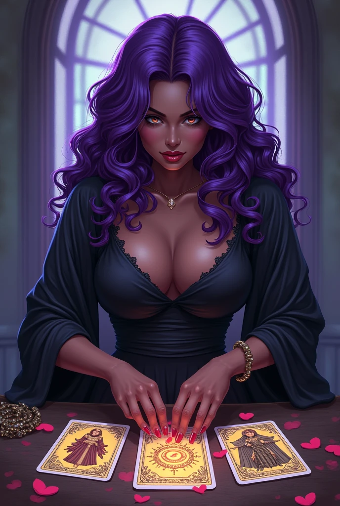 A black-skinned witch, with fat body, dress without neckline, with curly hair in purple color, hair below the shoulders and playing tarot Image in anime style