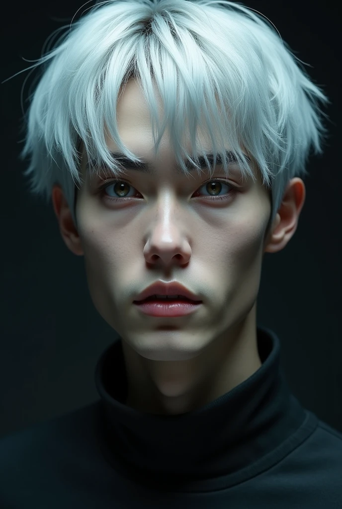 Silver-haired young man。Slanting eyes with white of the eye。Light from below。Front-facing up。Symmetrical。No eyebrows。Realistic。