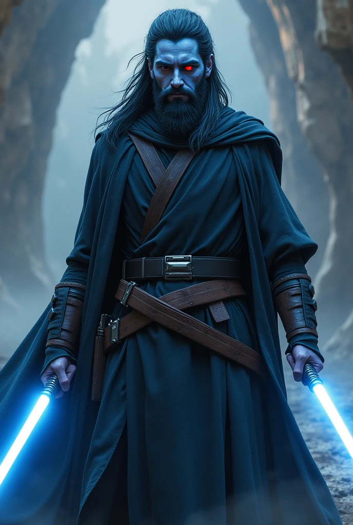 An young man chiss gray jedi who was a former sith lord and now he is searching the balance betwen light and dark side. He uses 2 white lightsabers. He has long dark blue hair, light blue skin, one red eye and other blind. And a full short beard.