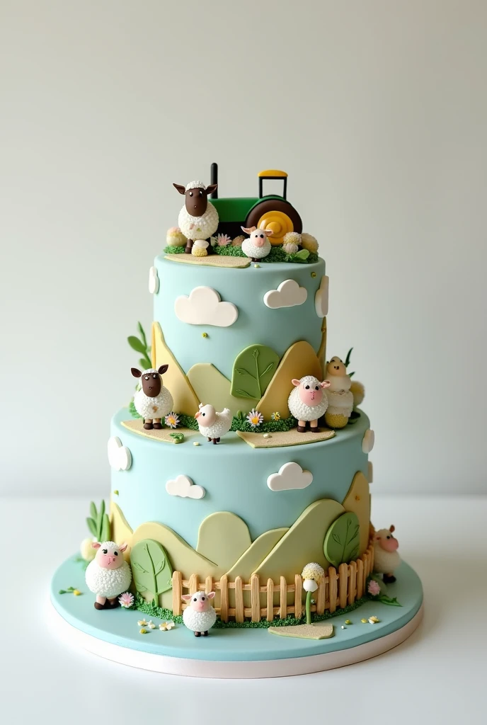 Make a 2-tier farm-themed cake for kids using pastel colors in shades of blue, green, beige and mustard