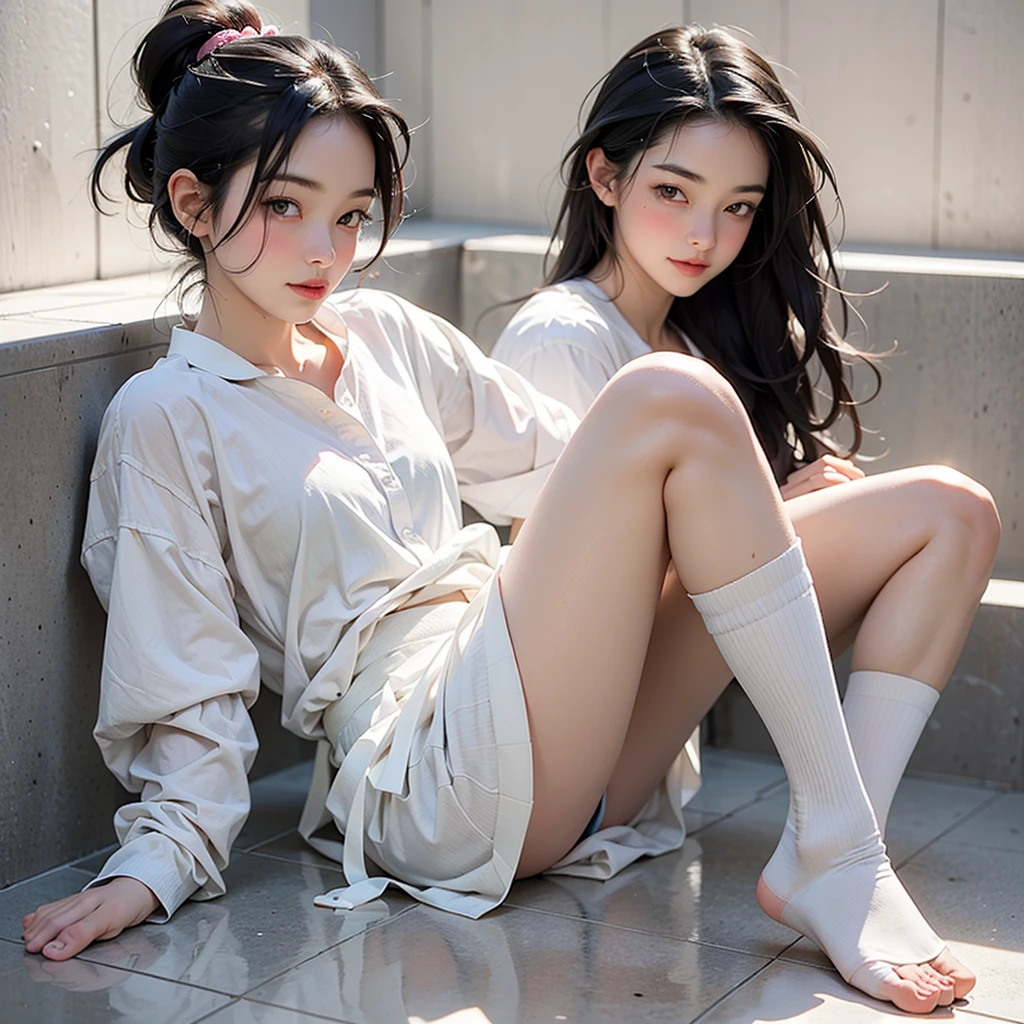 Black Hair Girl,barefoot white socks,Sheer white shirt,Super Skirt,Sit in the bathtub,Lift and secure the legs,Blushing,The whole body gets wet,my white socks are soaked wet,I'm embarrassed by my expression,High Sharpness,High resolution