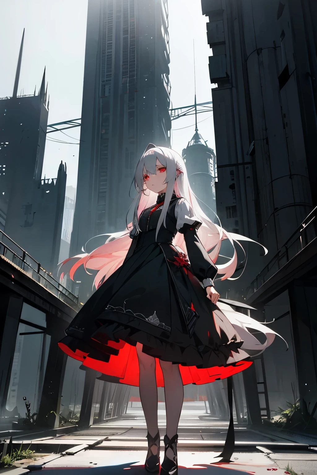 I created a prompt based on this image。

**prompt:**
「Long silver haired female character、Red Eyes、Wearing a gothic black and white dress、Standing with a futuristic, abandoned city in the background。The character&#39;s costume features intricate gold embroidery.、Her hair is blowing in the wind with a cold expression。In the background are rows of dilapidated high-rise buildings.、The sunset paints the sky。Anime Style、Exquisite details、High resolution、Photorealistic style --ar 16:9 --in 6.0 --q 2 --style 4c」