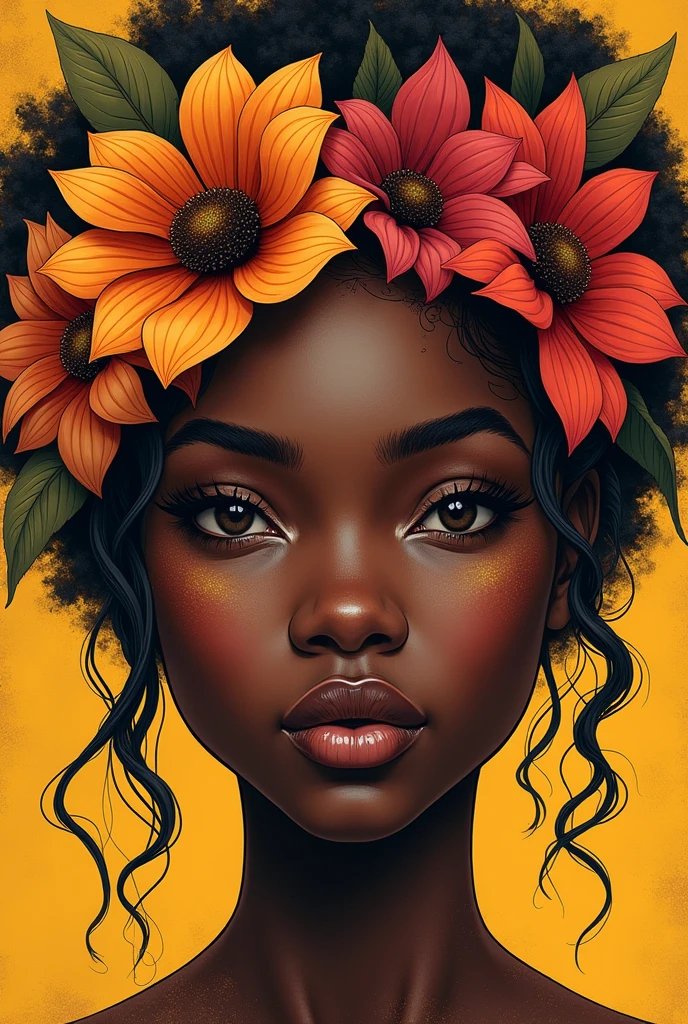 digitl art, African Woman&#39;s Face, flowers around the woman