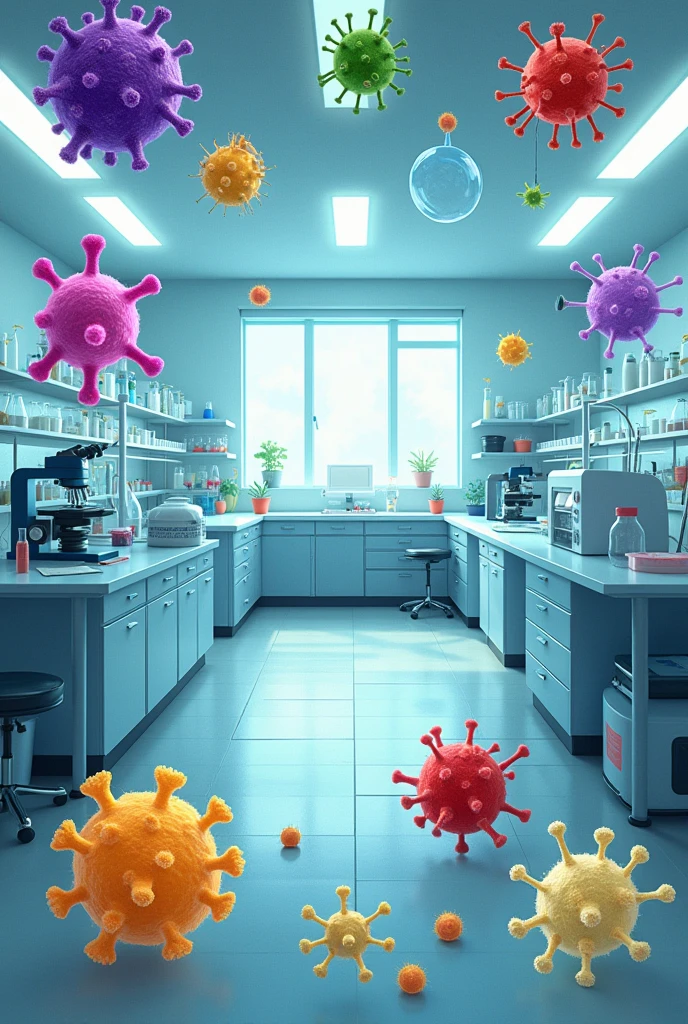 Draw a scene in a microbiology laboratory that shows the importance of classifying microorganisms.. Label the microorganisms , Cocos , bacilli, espirilos , virus ,ciliated protozoan ,ameboible protozoan , flagellated protozoan and yeast fungus